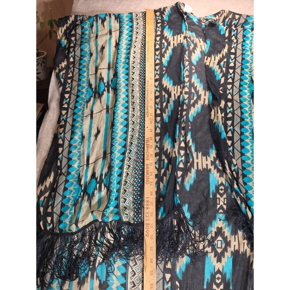 Southwestern Geometric Fringe Kimono Cardigan Turquoise Black One Size - Picture 5 of 9